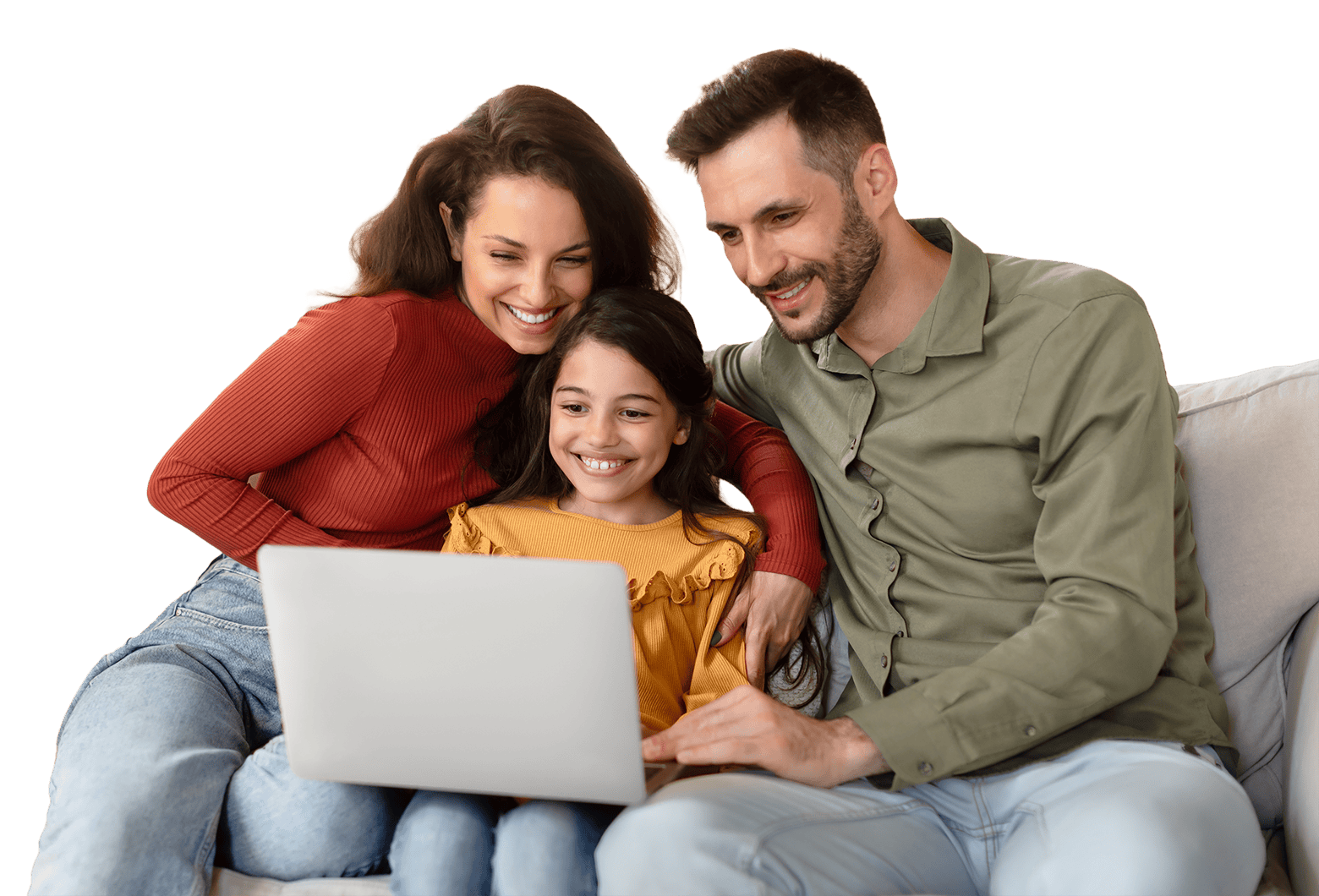 A happy family sitting on a couch, looking at a laptop computer screen