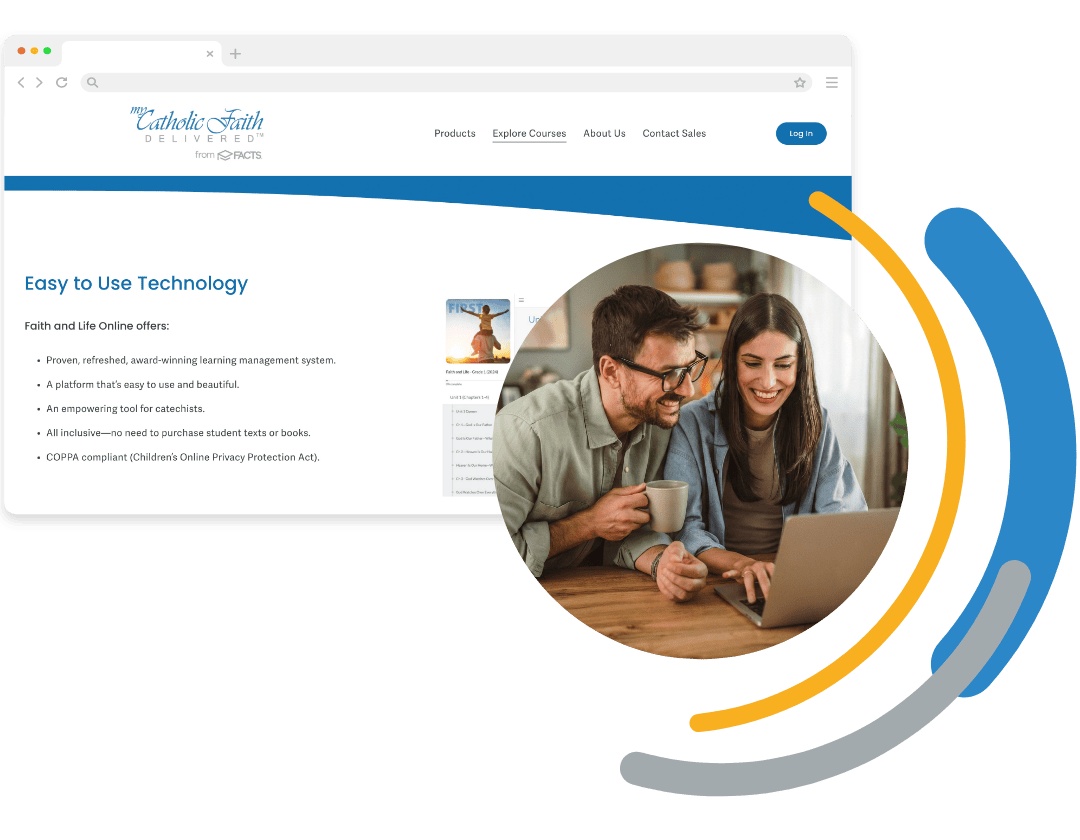 Two adults viewing the My Catholic Faith Delivered course catalog