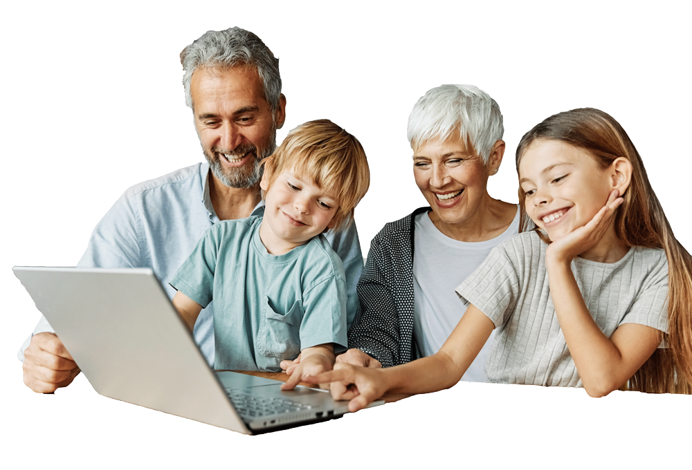Smiling grandparents and their two grandchildren