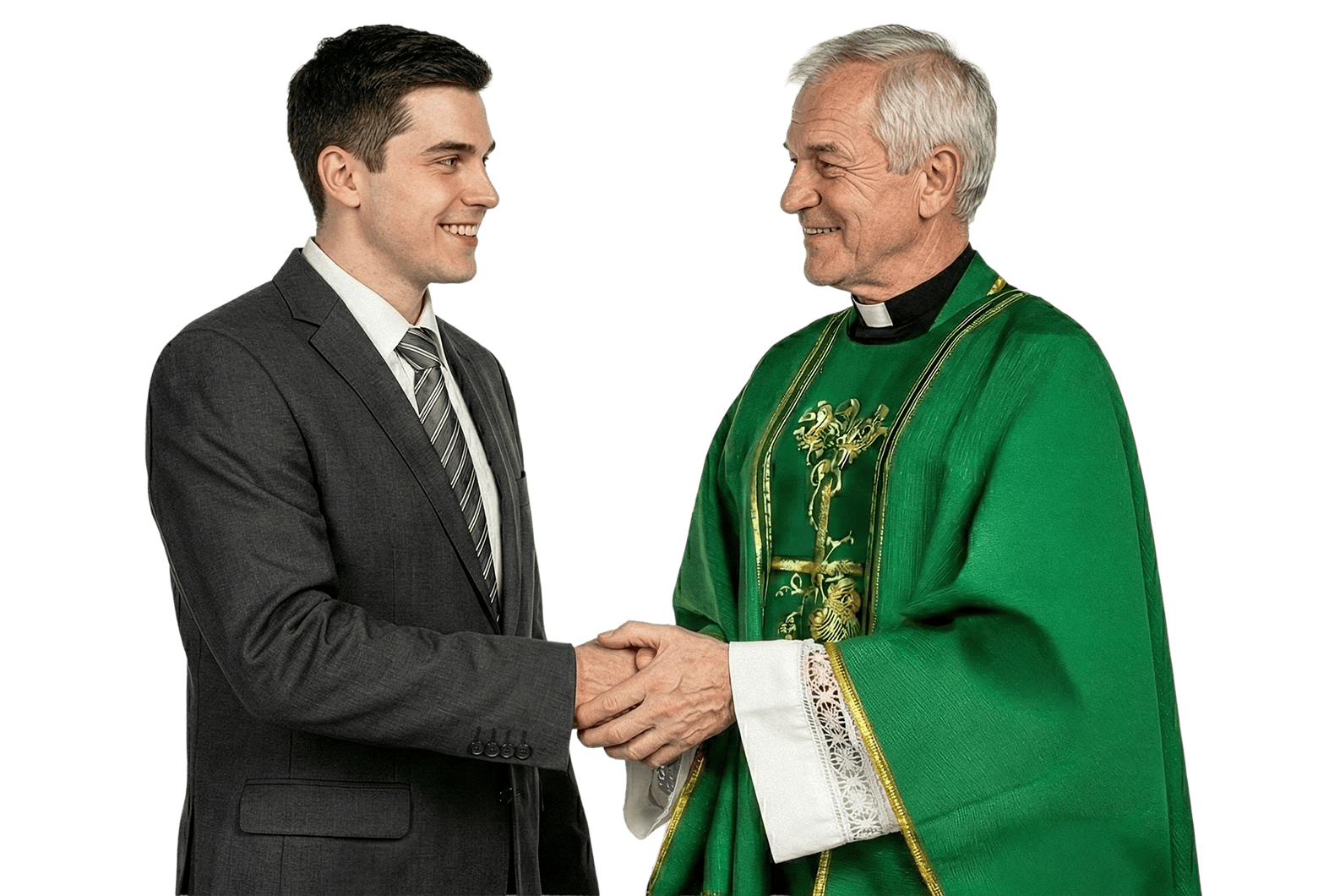 A priest shaking a business person's hand